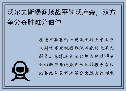 沃尔夫斯堡客场战平勒沃库森，双方争分夺胜难分伯仲